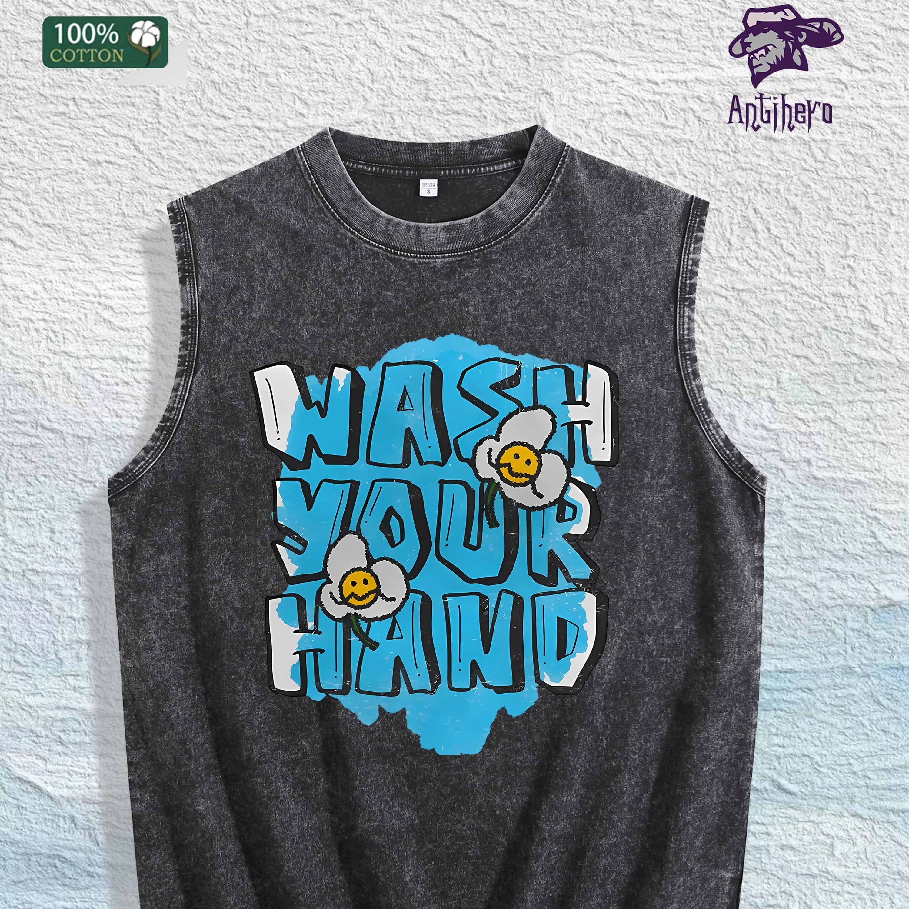 WASH YOUR HAND Graphic Washed Vest US Warehouse 3 Colors Cotton Tank