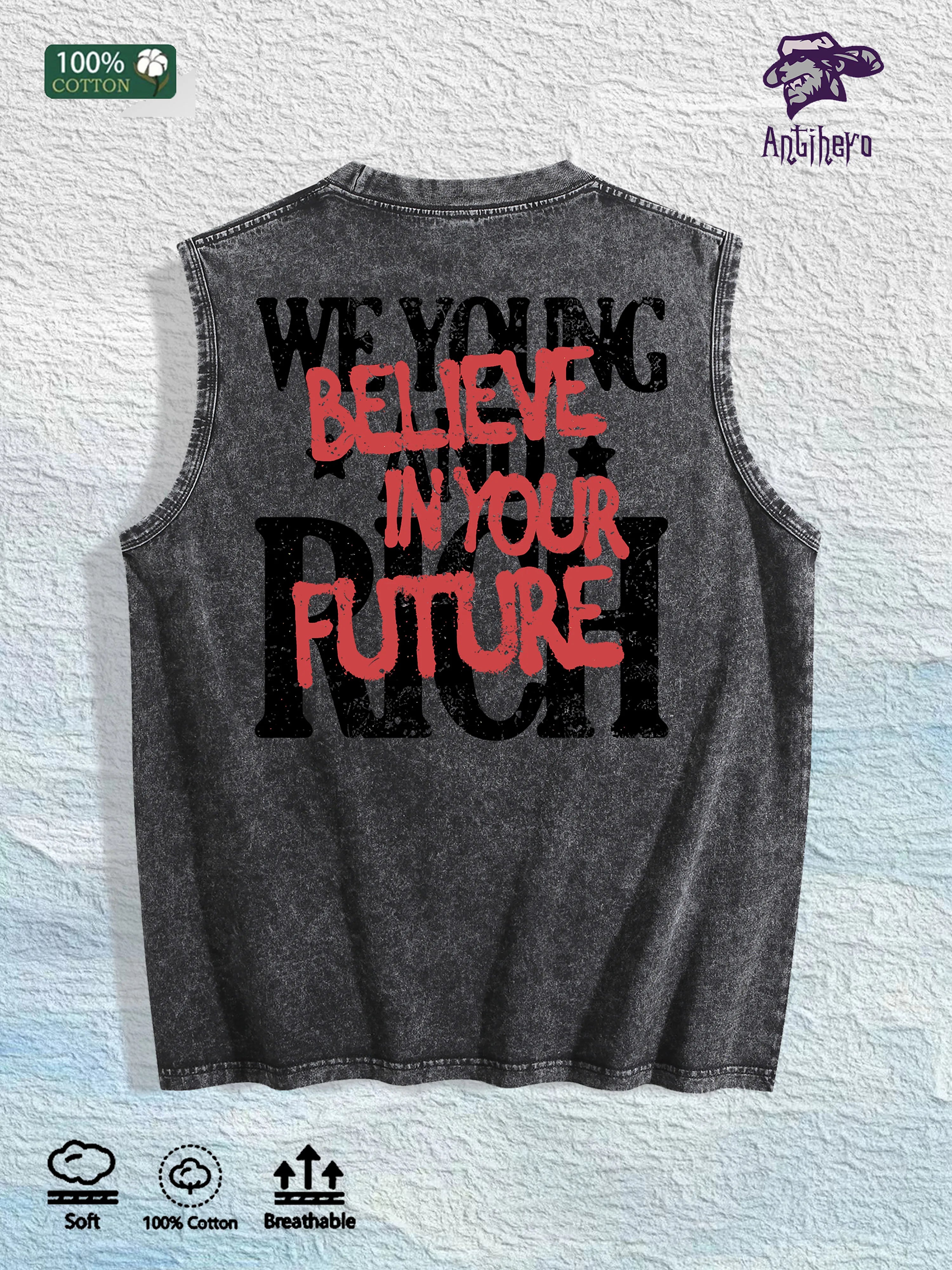 Young Rich Future Graphic Washed Vest US Warehouse 3 Colors Cotton Tank