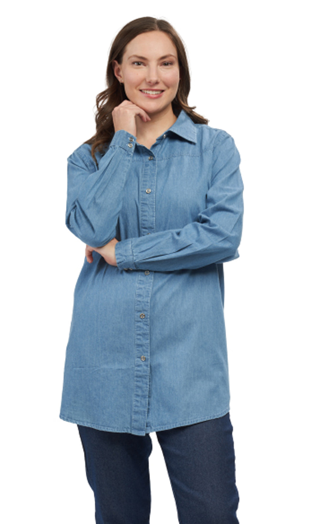 Women's Long Sleeve Denim Tunic Top — Button Front All Season Wear