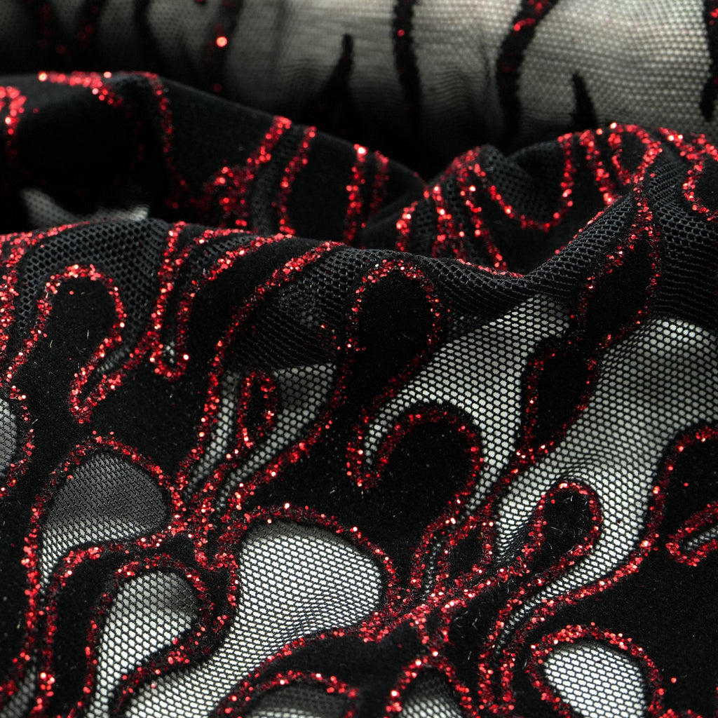 Fiery Glittered Flocked Stretch Mesh Fabric | Blue Moon Fabrics